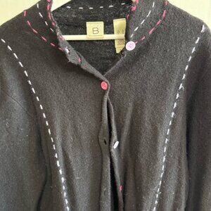 Vintage Wool Black Cardigan with Contrast Stitching